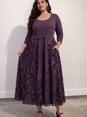 NWT Alex Evenings Formal Dress Sz 14 Plum Lace Tea Length Elegant Evening Dress